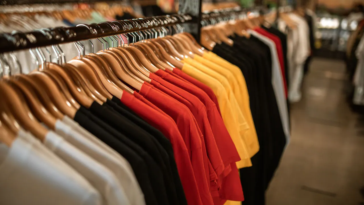 A rack of printed apparel